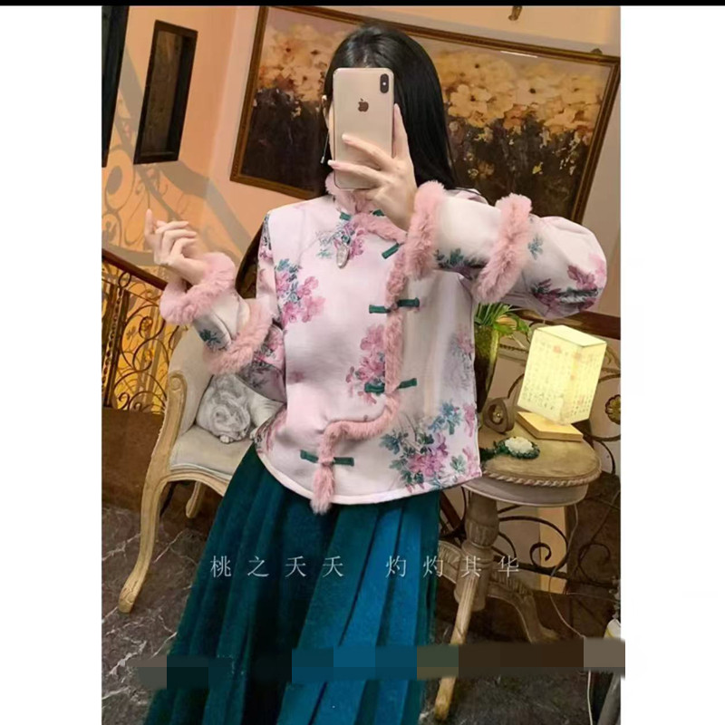 开襟民国复古旗袍上衣 长袖毛毛镶边少女 桃夭花