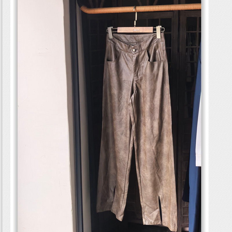 孤品卡棕色皮裤 冬季直筒复古气质高个子女生长款开叉,女装/女士精品,皮裤,淘宝优惠券,粉丝福利购,淘宝优惠卷