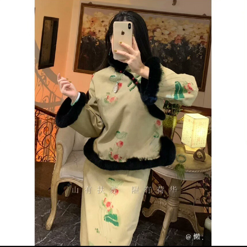 民国复古真兔毛镶边全开襟旗袍套装 上衣加半身裙筒裙秋冬加绒厚