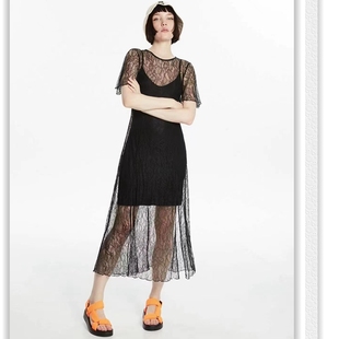 外单尾货黑色蕾丝透性感连衣裙 短袖夏天长裙纯色清凉 薄款度