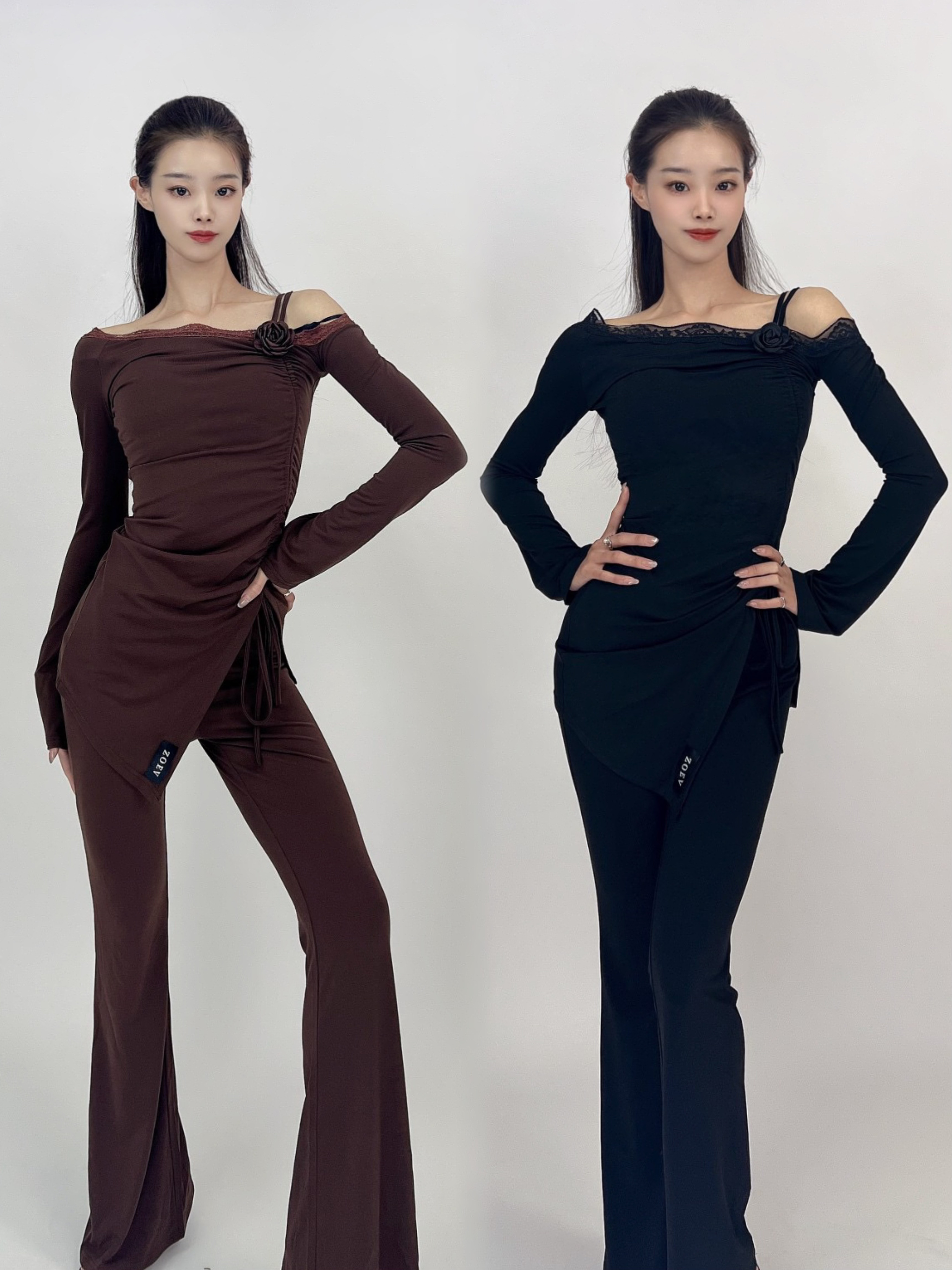 ZOEV拉丁舞服斜肩长袖抽绳罩衫喇叭裤黑棕色套装练舞教课女士成人