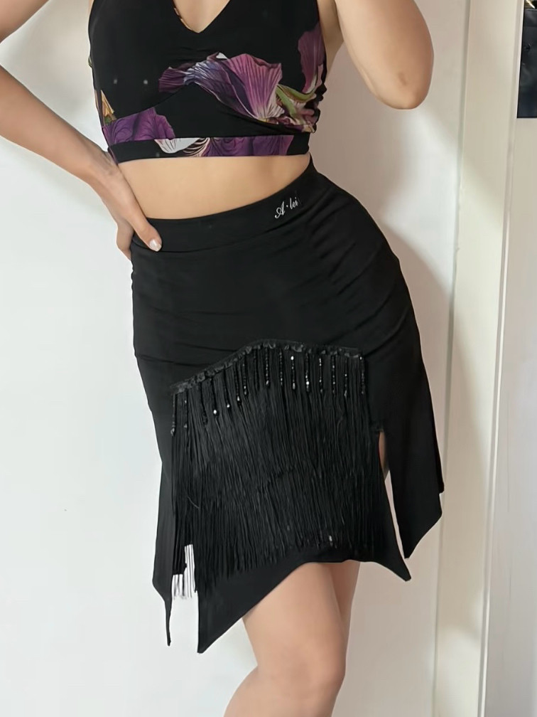 Alei拉丁舞服黑色珠串流苏鱼尾半身裙高腰女士练舞教课表演出百搭