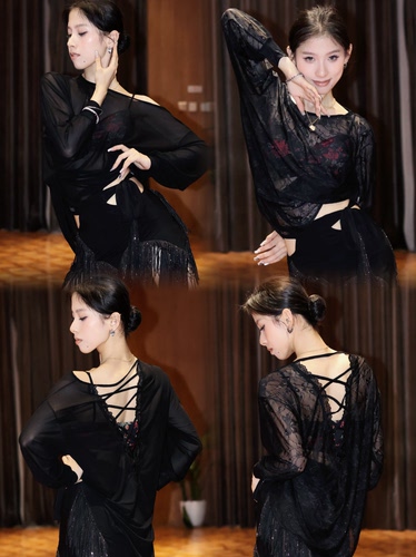 Loyal拉丁舞服黑色蝴蝶豹纹蕾丝网纱罩衫大衫上衣练舞教课表演女