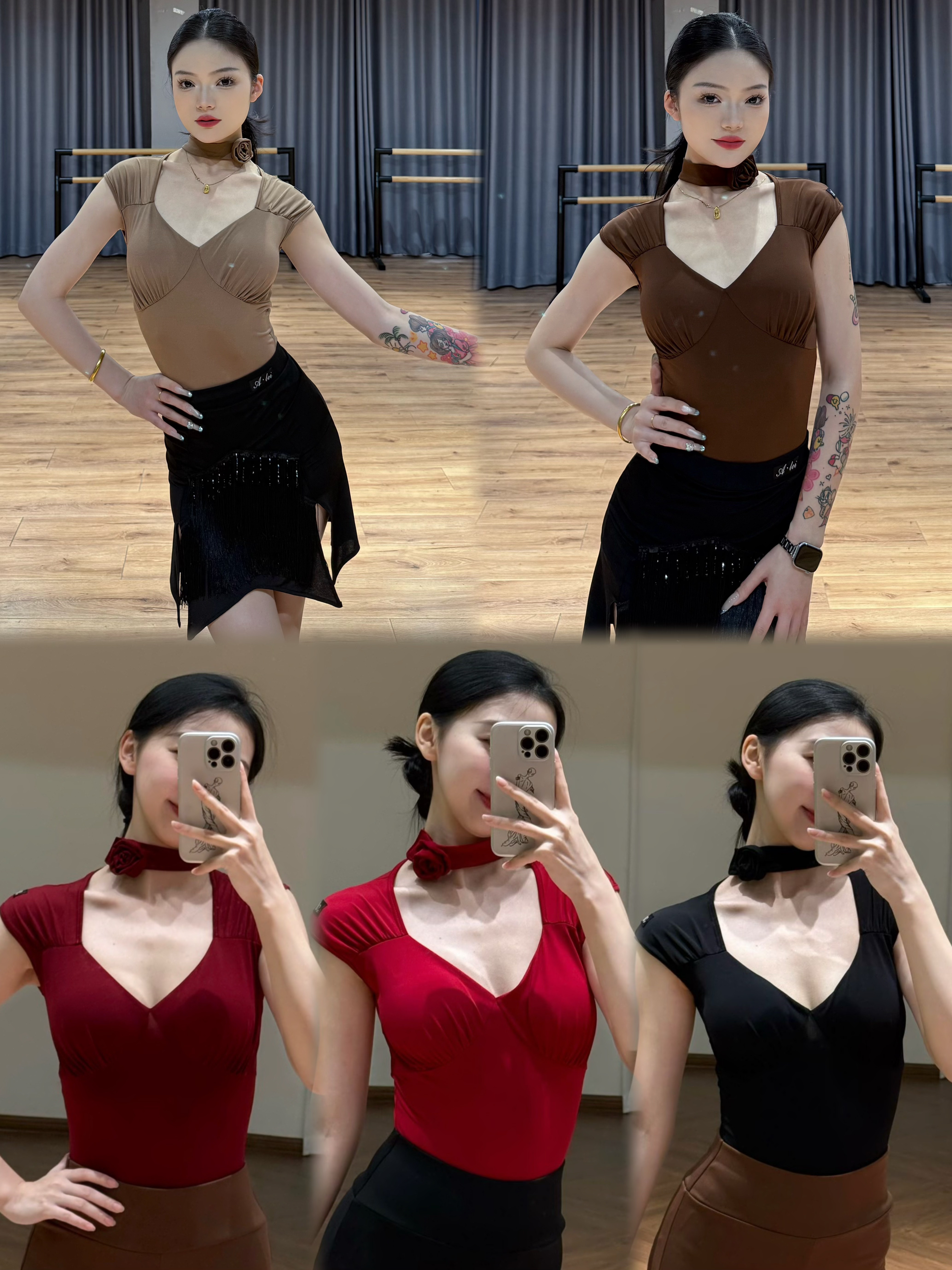 Alei拉丁舞服夏季小飞袖V领上衣挂脖花朵连体衣黑酒红棕色女练舞