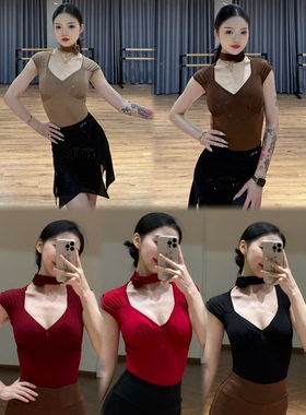 Alei拉丁舞服夏季小飞袖V领上衣挂脖花朵连体衣黑酒红棕色女练舞