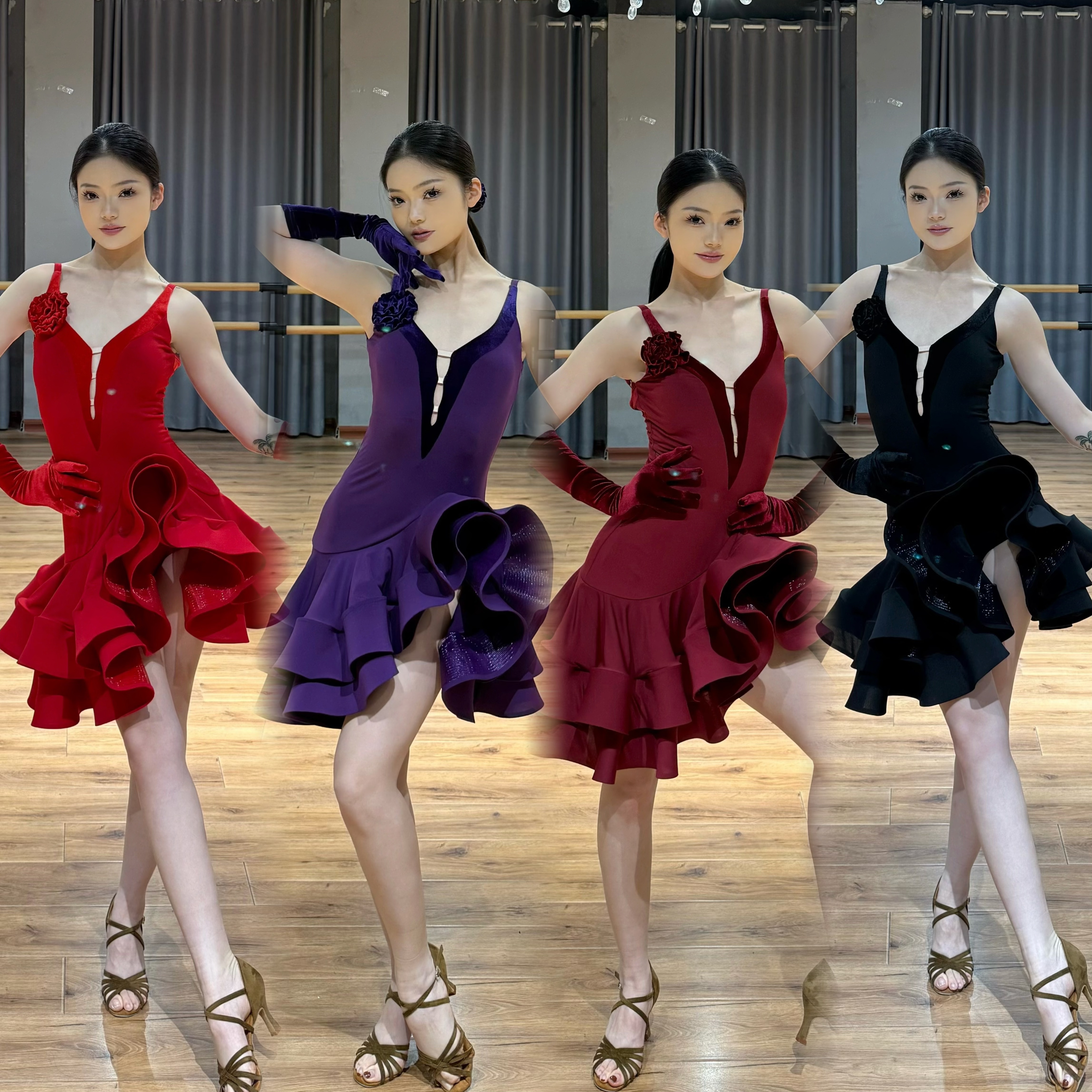 ELLA-D拉丁舞服吊带花朵鱼骨连衣裙带手套花服表演出女黑酒红紫色