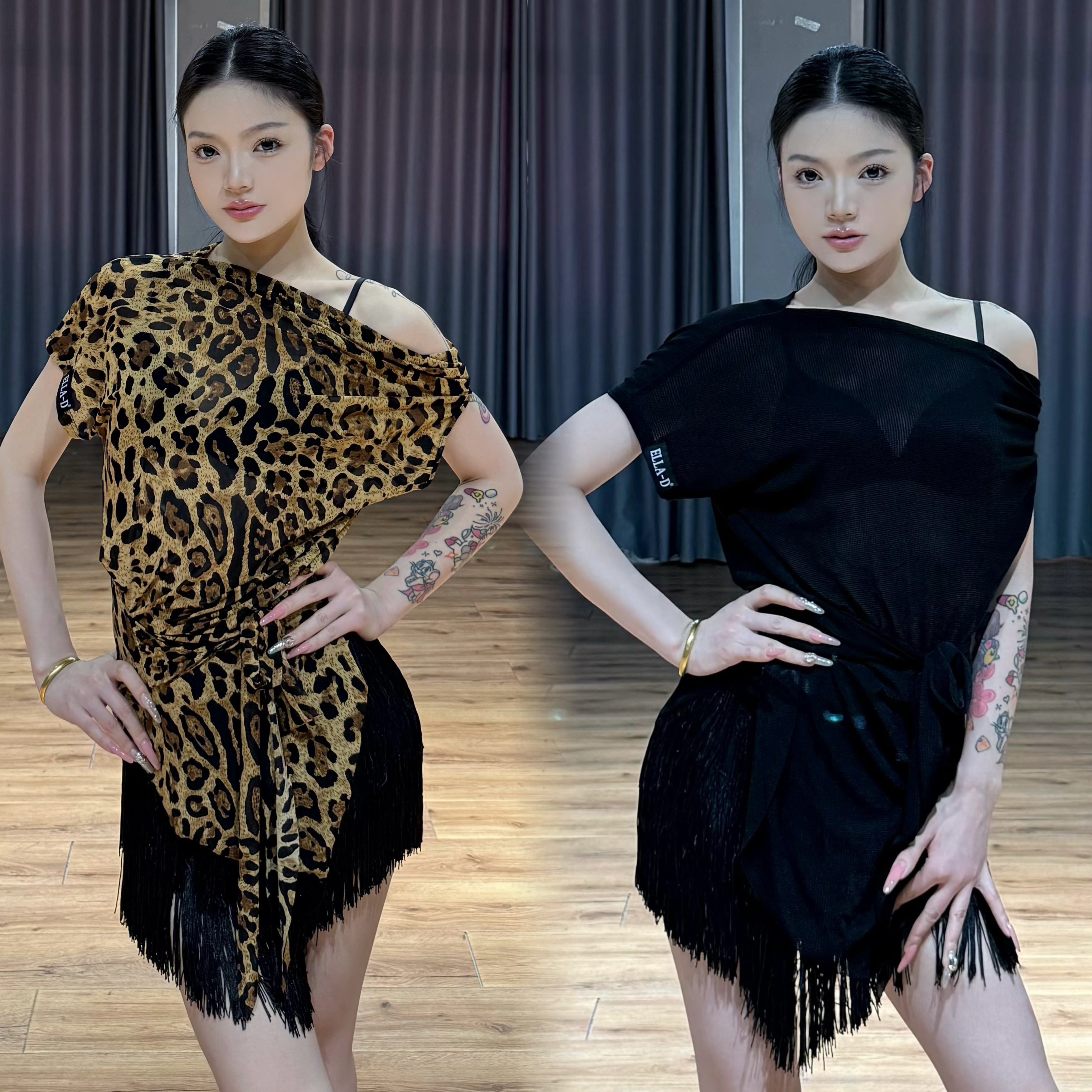 ELLA-D拉丁舞服短袖斜肩罩衫上衣黑色华夫格棕豹纹网纱流苏裙跳舞