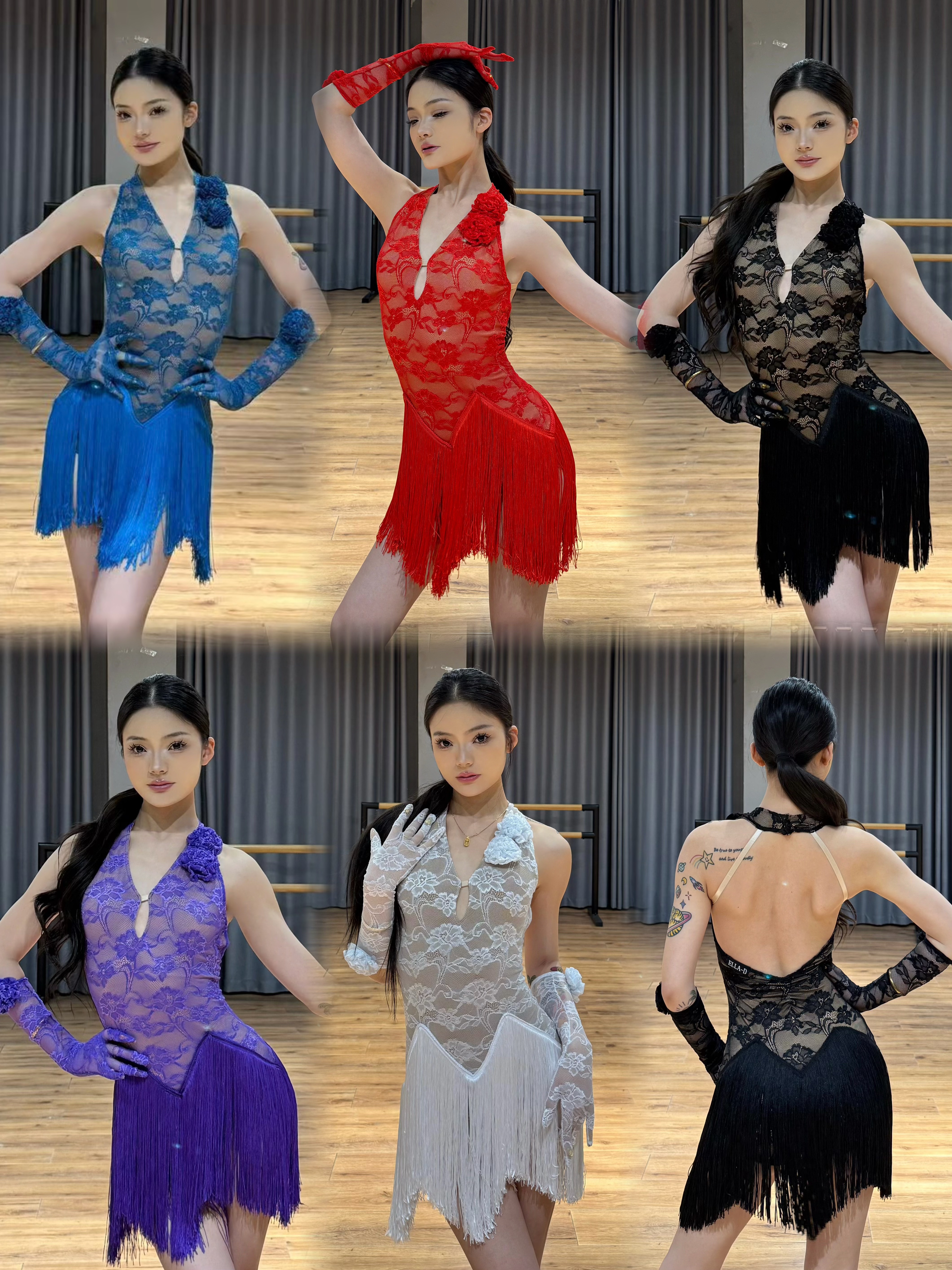 ELLA-D拉丁舞服花朵挂脖蕾丝流苏连衣裙带手套表演女黑红紫蓝白色