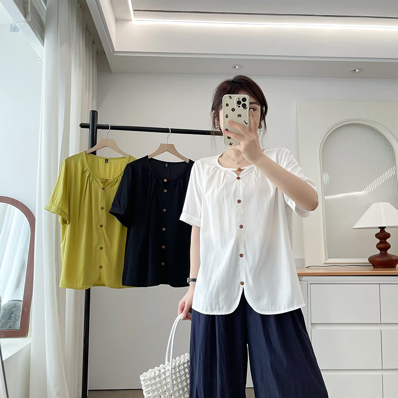 归来大码女装胖mm时尚法式短袖衬衫夏季新款2025宽松显瘦百搭上衣