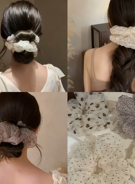 黑色波点网纱大肠发圈女气质扎低马尾皮筋丸子头发饰头花发绳头饰