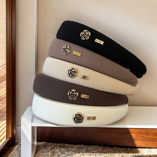 咖色山茶花海绵发箍女高颅顶洗脸压发头箍法式复古高级感头饰秋冬