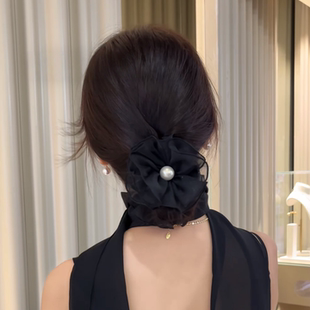 黑色花朵珍珠发夹女后脑勺盘发发卡显发量丸子头抓夹马尾夹子头饰