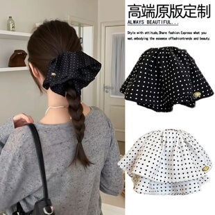 黑色波点蝴蝶结抓夹女2026新款后脑勺半扎发夹子鲨鱼夹发卡头饰