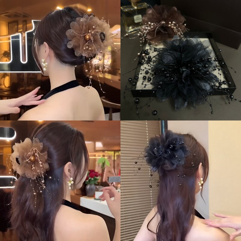 牡丹花羽毛流苏抓夹女2026新款发夹后脑勺显发量蓬松高颅顶鲨鱼夹