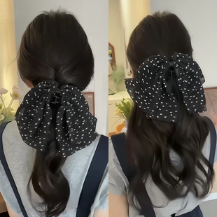 黑色波点蝴蝶结发夹女后脑勺抓夹2025年新款高端气质鲨鱼夹子头饰