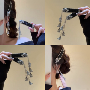 黑色水钻民族风铃铛流苏发夹女旅游拍照发卡前额侧边刘海夹子头饰