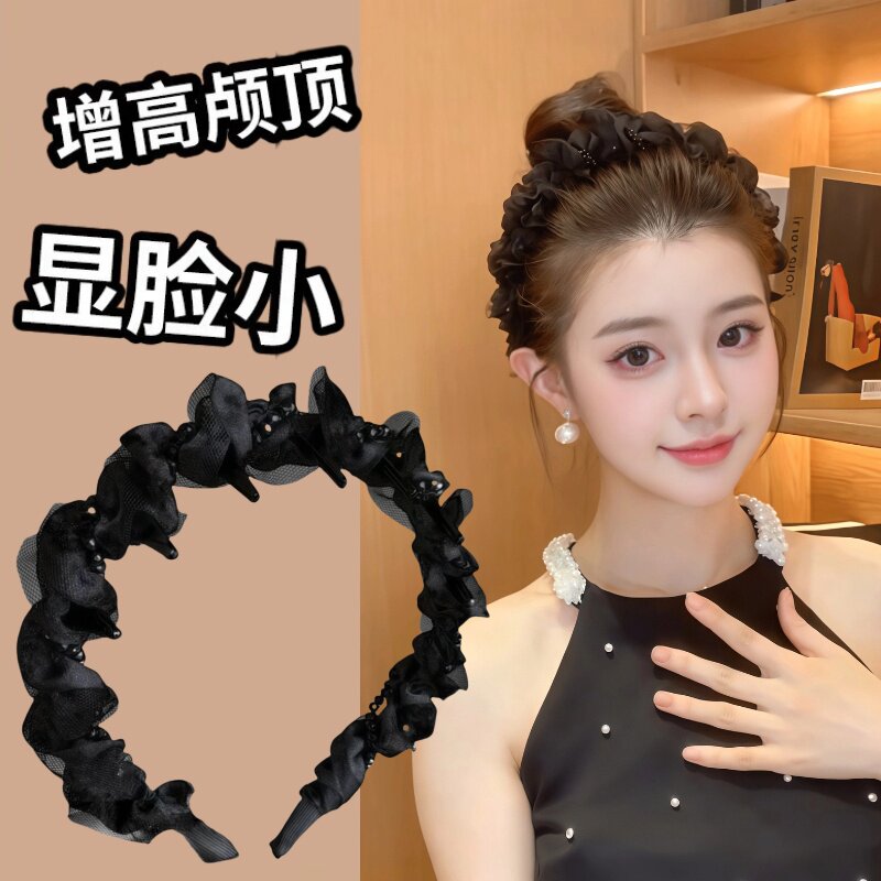 黑色高颅顶蕾丝发箍女春夏新款褶皱薄纱发箍小香风气质头箍头箍