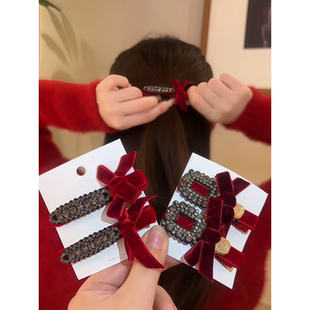 轻奢复古丝绒蝴蝶结发夹小香风水钻高级感甜美刘海夹一字夹边夹女