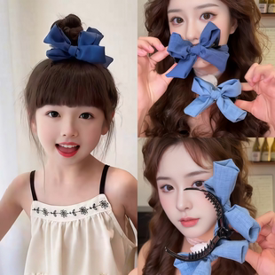 儿童牛仔蓝色蝴蝶结丸子头抓夹女童后脑勺发夹高马尾女孩盘发头饰