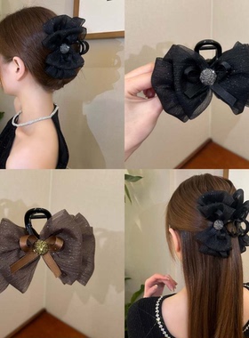 新年红色蝴蝶结盘发抓夹女秋冬发卡后脑勺发夹网纱云朵泡泡鲨鱼夹