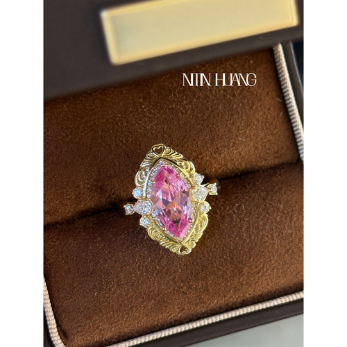 NITIN HUANG实验室培育粉色蓝宝石马眼2.5克拉女复古风戒指S925银