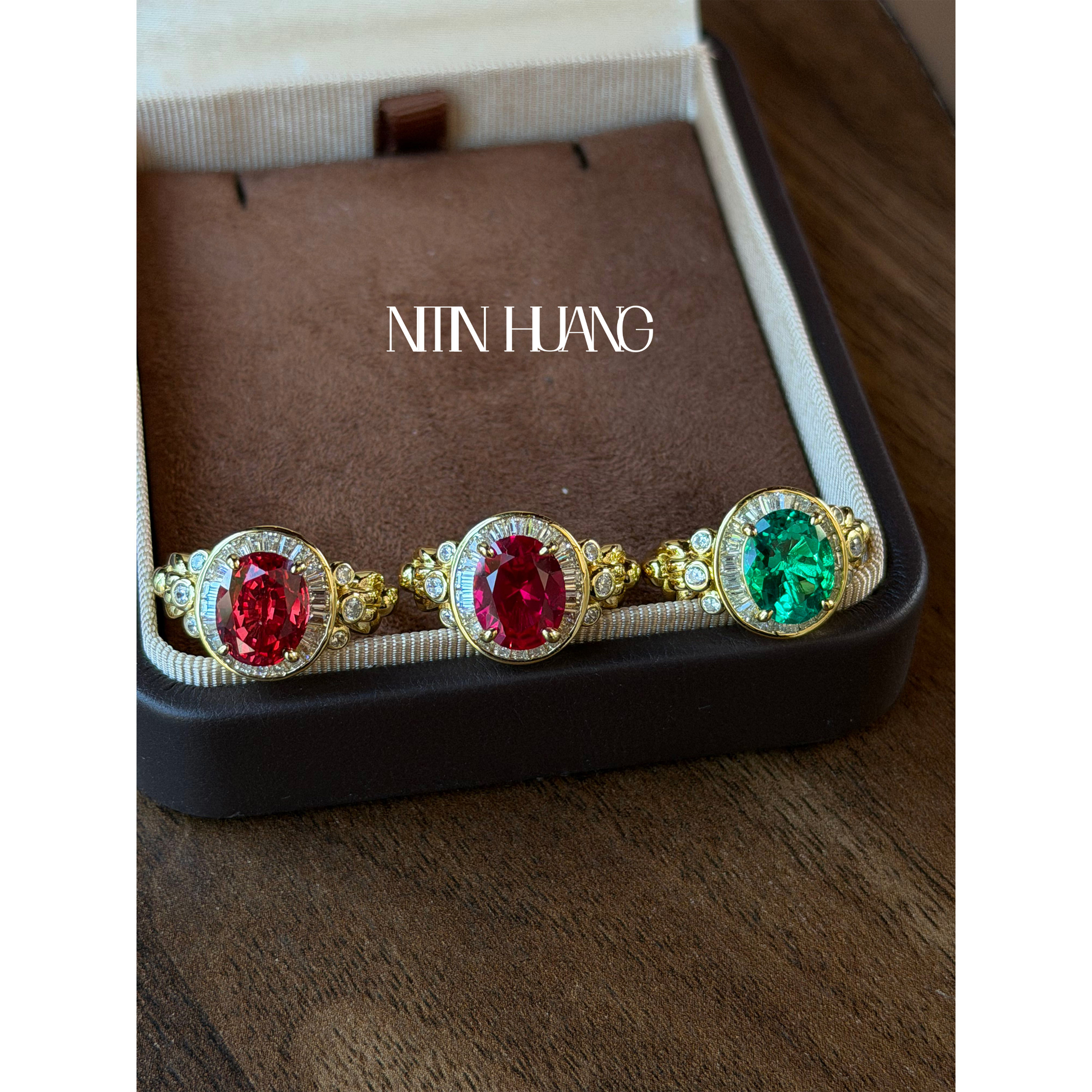 NITIN HUANG  4.5克拉培育绝地蓝宝石 鸽血红宝石戒指925纯银镀金