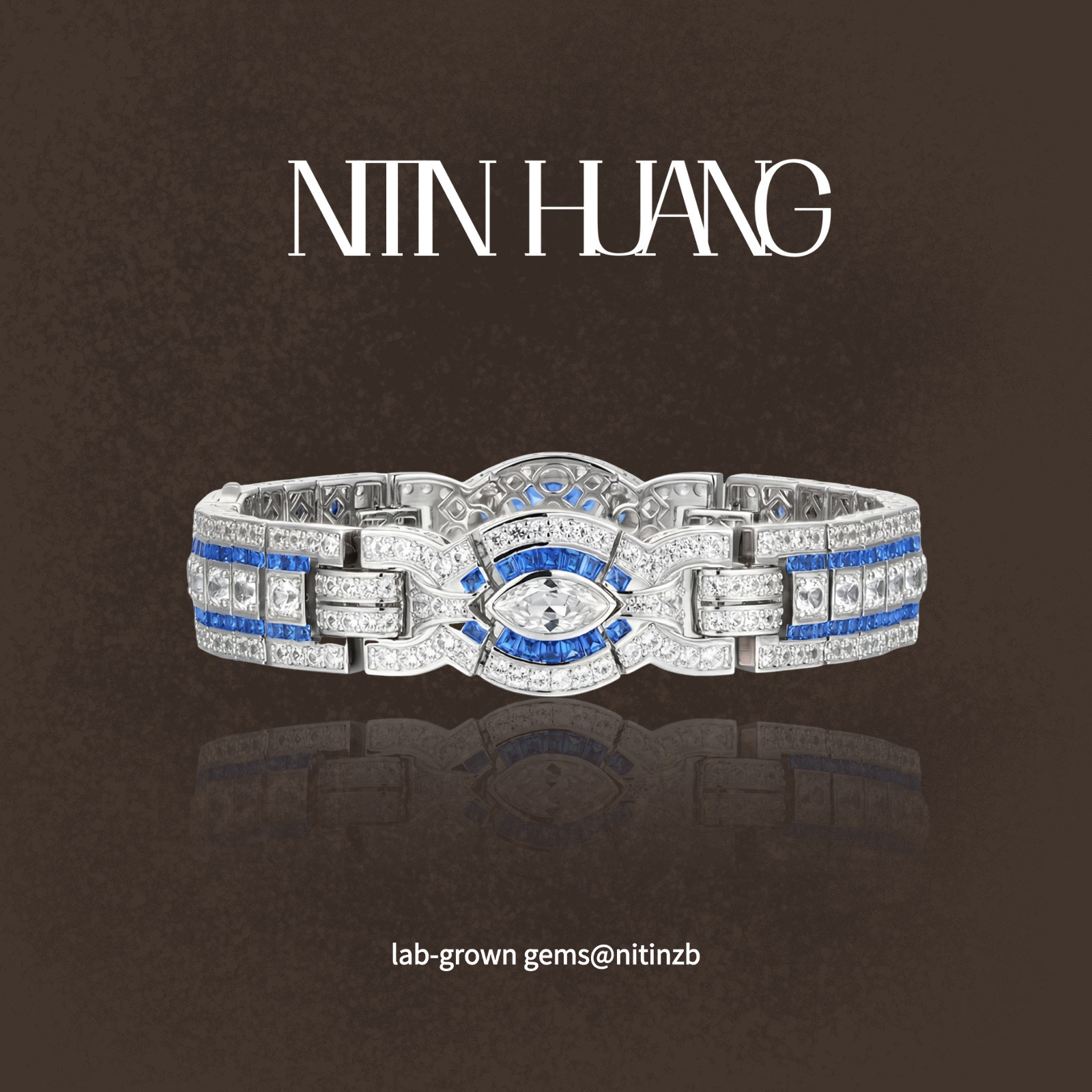 NITIN HUANG培育蓝宝石宽版手链通体925纯银镀真金百搭欧美