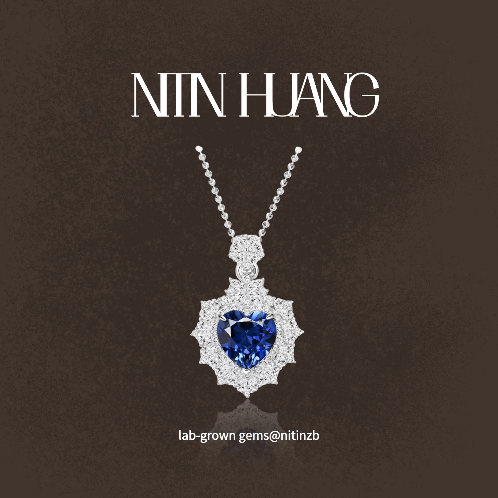 NITINHUANG培育蓝宝石心形吊坠扣头可开合海洋之心通体925银镀金