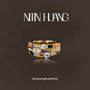 NITIN HUANG925银长方直角车平红蓝绿纳米复古ins潮流女戒指