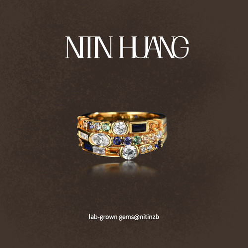 NITIN HUANG925银长方直角车平红蓝绿纳米复古ins潮流女戒指