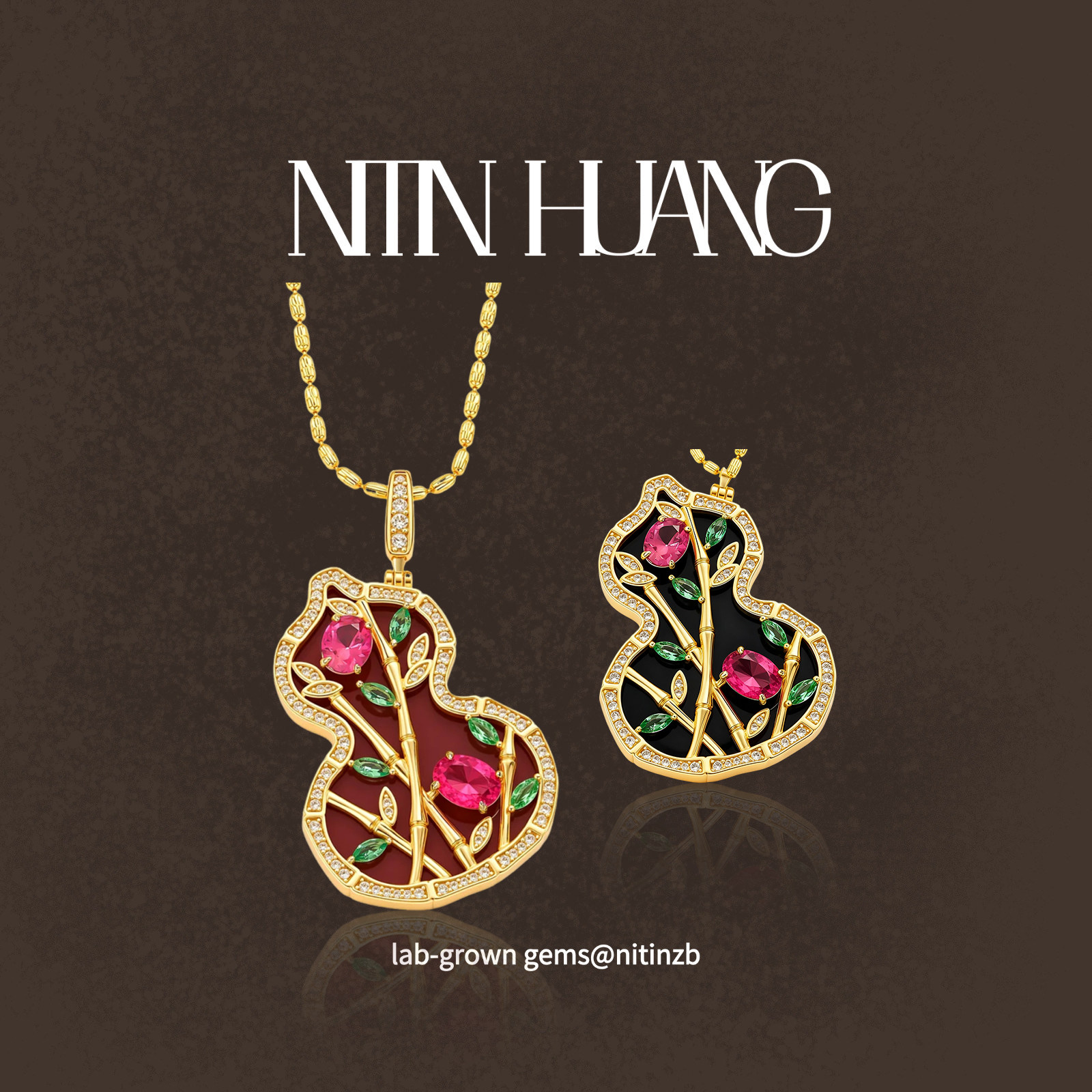 NITIN HUANG竹韵福禄绝地武士色蓝宝石天然红玛瑙葫芦吊坠通体925