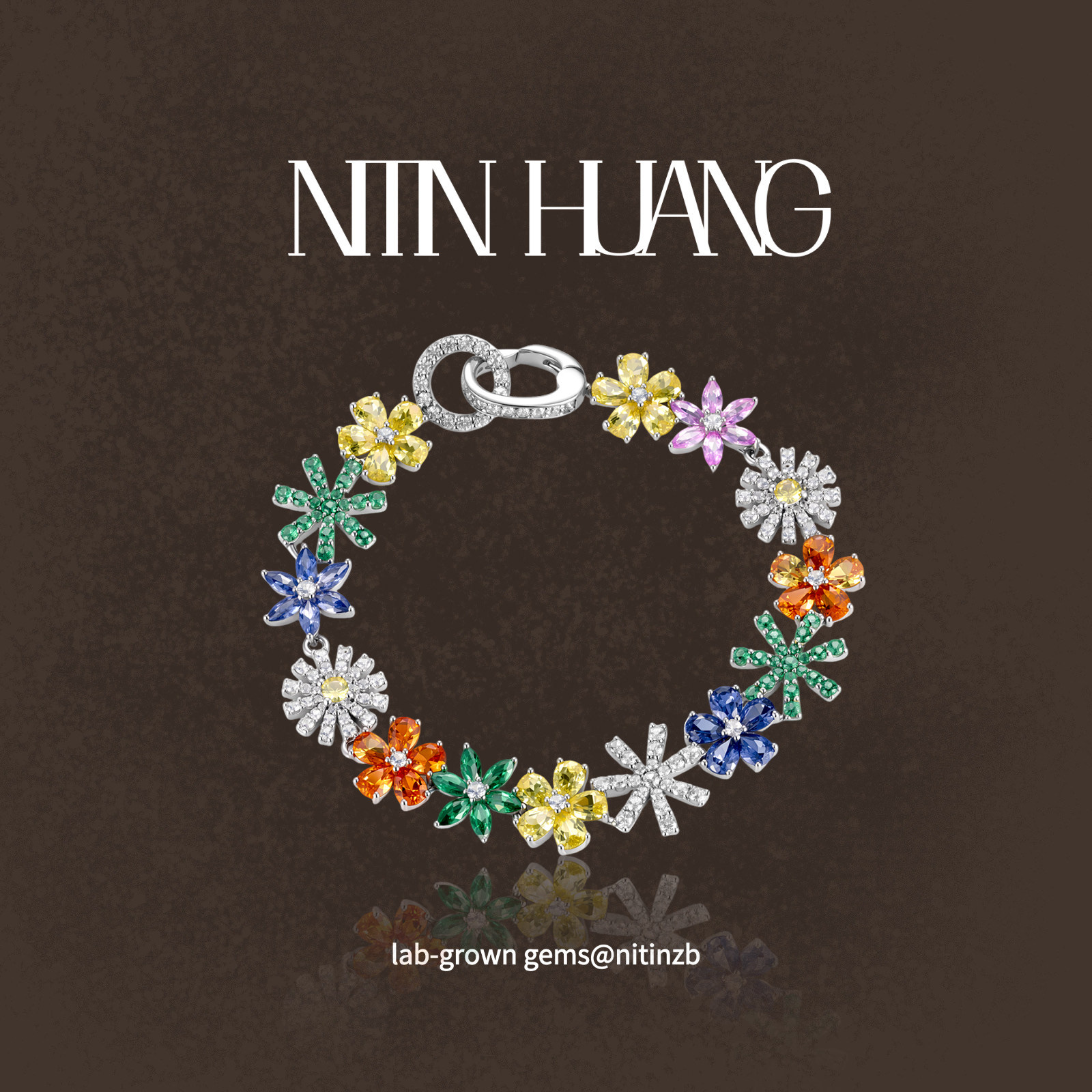 NITIN HUANG 培育彩色蓝宝石手链 通体925纯银镀真金欧美时尚