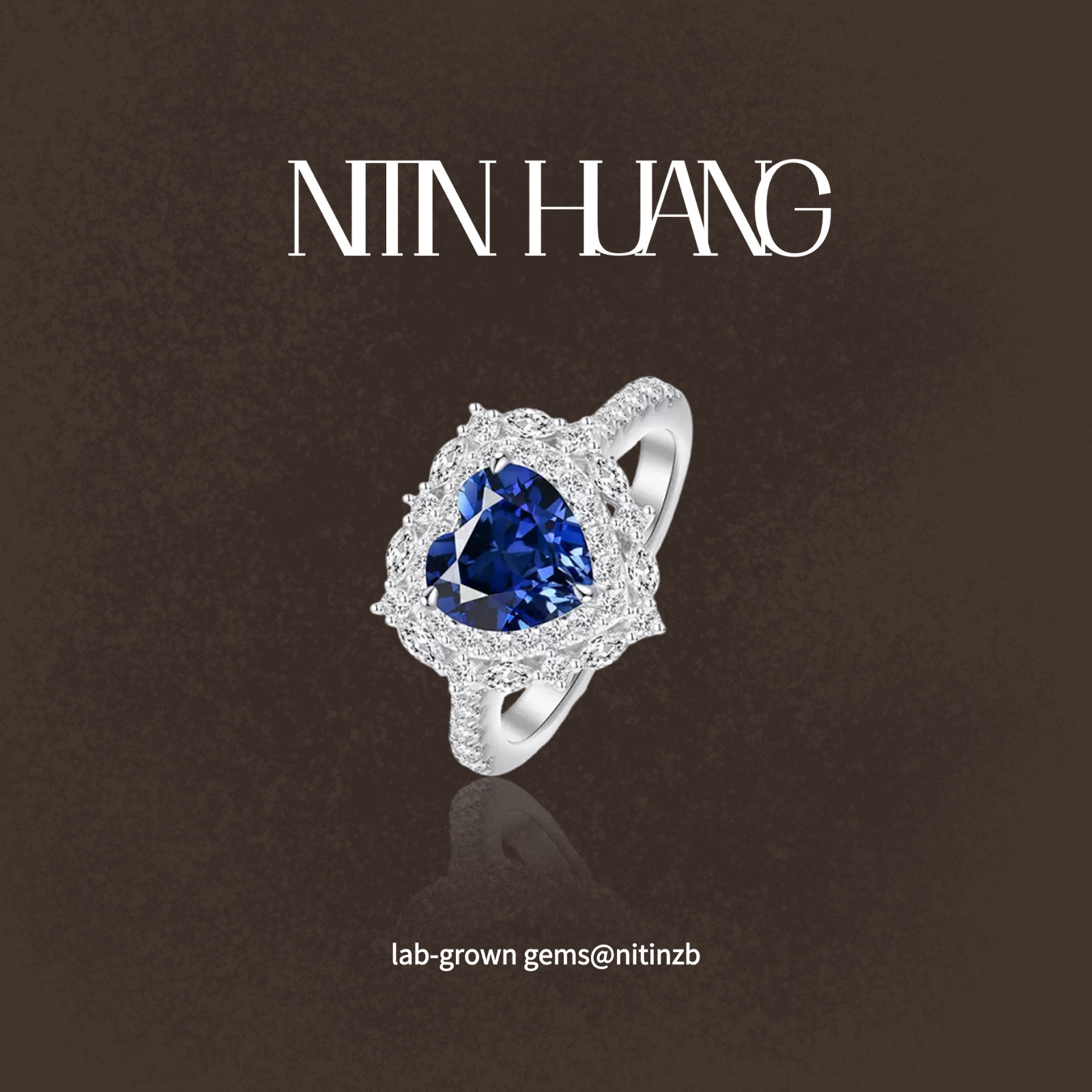 NITIN HUANG  培育蓝宝石心形戒指 2克拉 通体纯银镀真金时尚