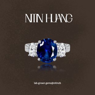 情侣对戒设计款 NITIN 通体925纯银镀真金 三石戒指 培育蓝宝石