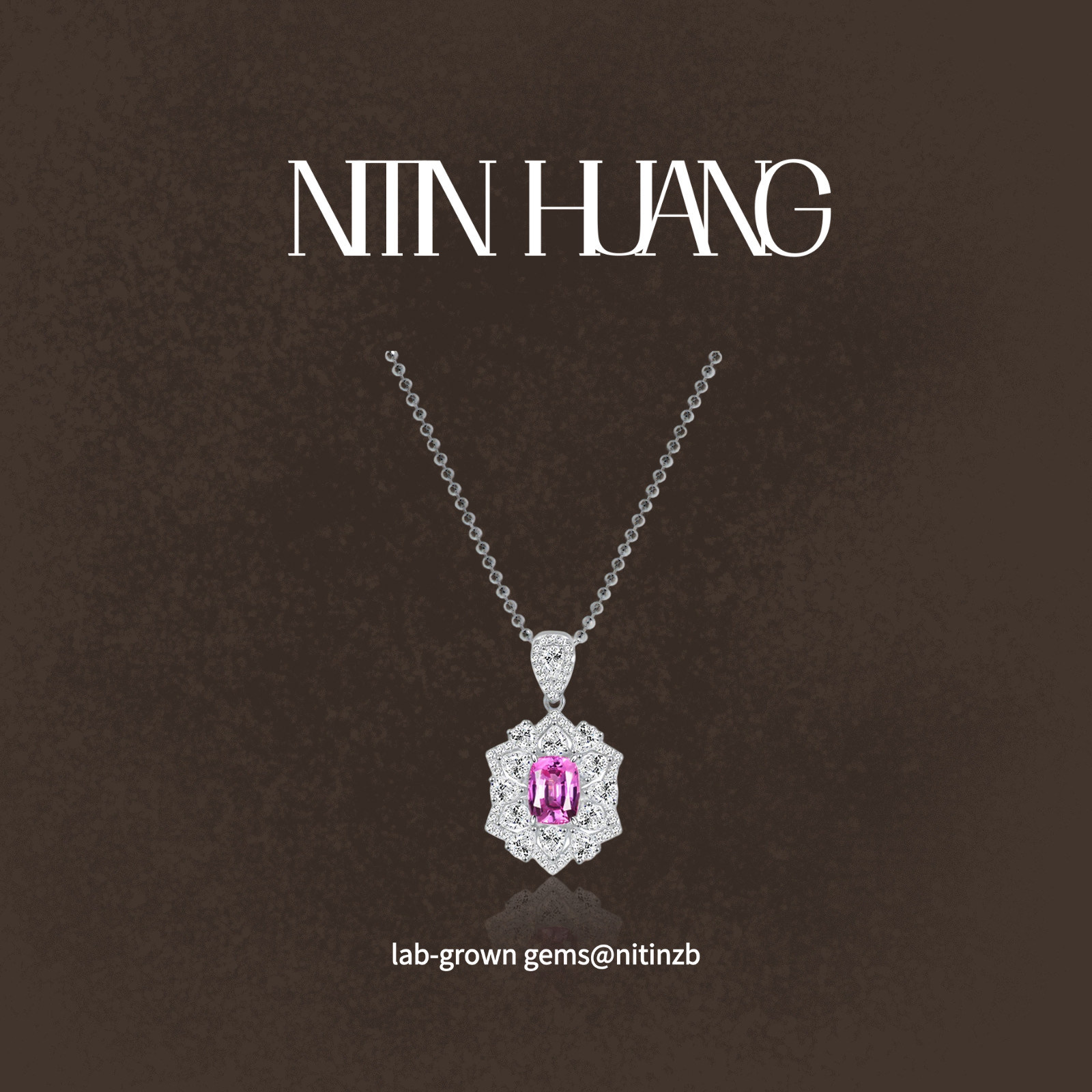 NITINHUANG 豪镶满钻粉蓝宝石吊坠 帕帕拉恰培育蓝宝石 925银镀金