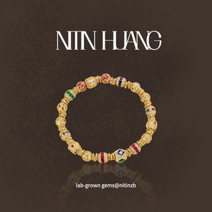 通体925纯银镀金 培育红蓝宝石盘缠手链 全白蓝宝石 HUANG NITIN