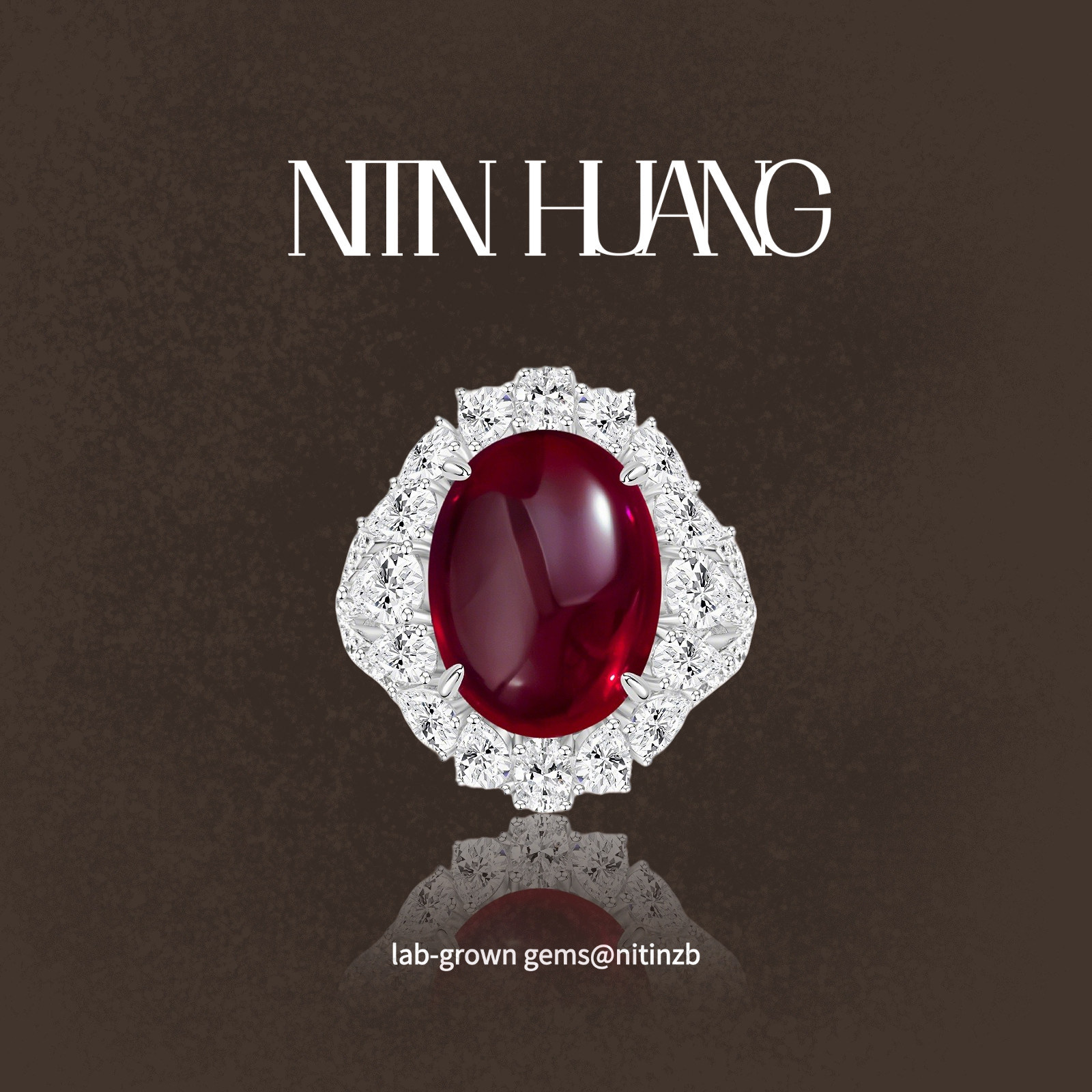 NITIN 培育红宝石12克拉 素面蛋面红宝石 通体925纯银镀真金戒指