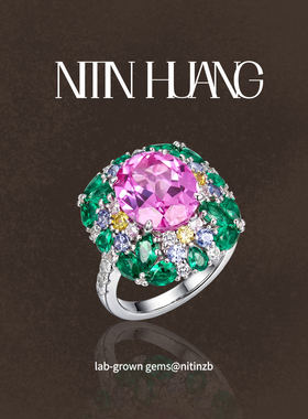 NITIN HUANG培育彩色蓝宝石轻奢戒指通体925银镀真金