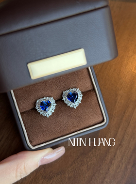 NITIN HUANG海洋之星培育蓝宝石爱心耳钉白蓝石群镶通体925银镀金
