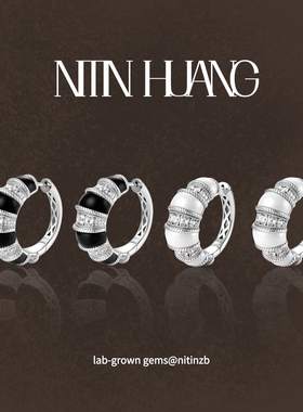 NITINHUANG培育蓝宝石黑白色牛角耳扣通体925银镀真金