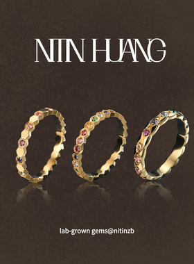 NITINHUANG 实验室培育彩宝蜂巢菱格纹彩虹排戒指 通体925银镀金