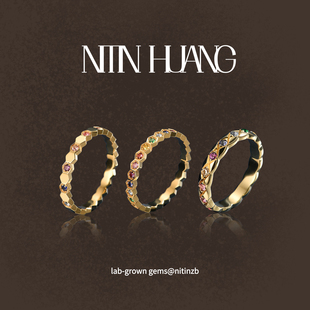 NITINHUANG 通体925银镀金 实验室培育彩宝蜂巢菱格纹彩虹排戒指