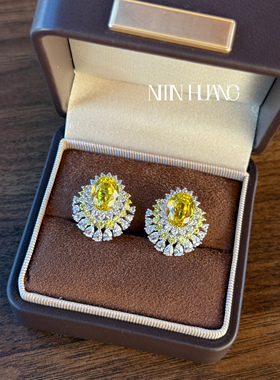 NITINHUANG黄色蓝宝石耳夹金丝雀黄晚宴款无耳洞可戴通体银镀金