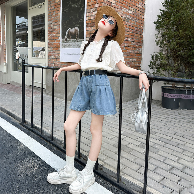 女童短袖套装夏季2025新款大童牛仔短裤甜美洋气童装儿童女孩两件
