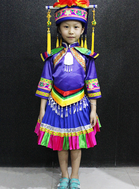 晴焱民族服装 量身定做少数民族仫佬族族舞台表演服装蓝色女童装