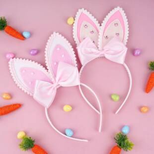 跨境新品复活节日兔耳朵发箍粉色蝴蝶结发饰儿童派对拍照装饰道具