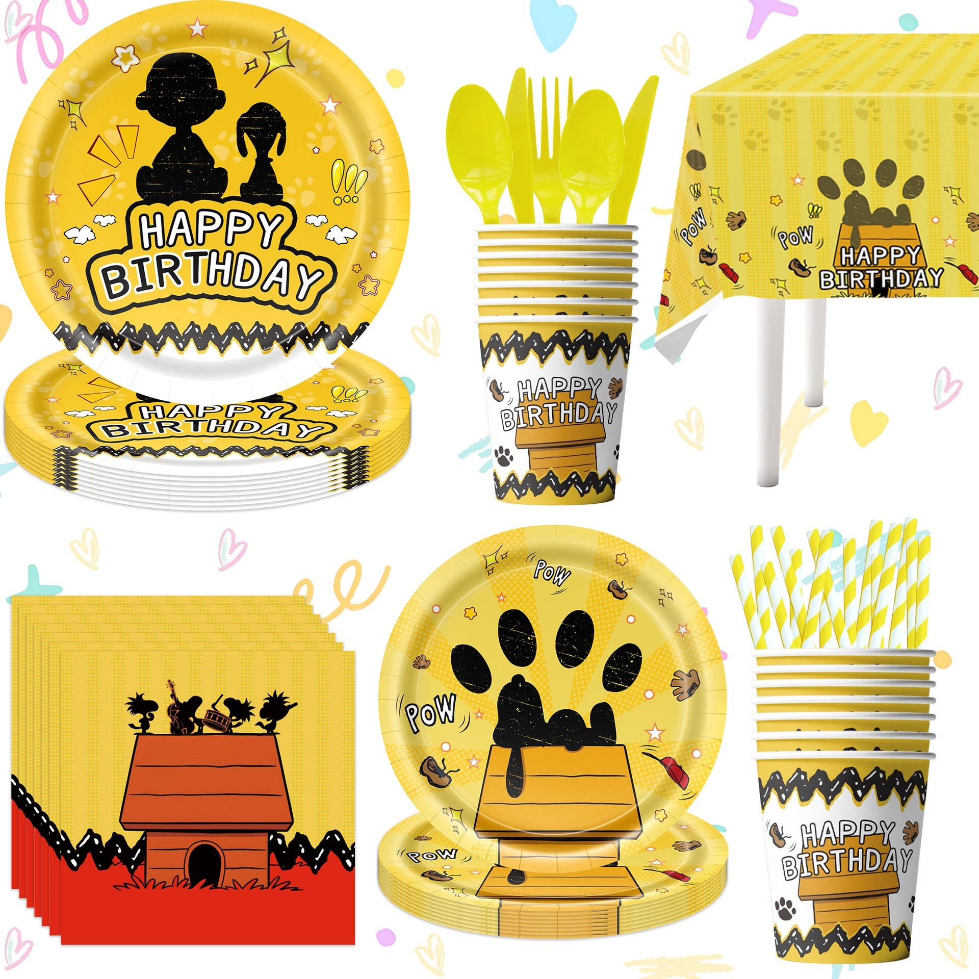 亚马逊新款擦边史努比生日派对餐具拉旗纸盘纸杯桌布气球装饰布置