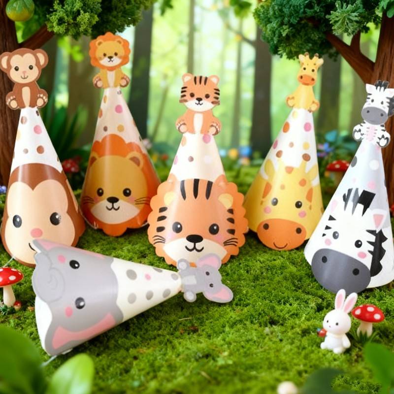 卡通丛林动物生日帽 丛林动物主题生日派对狮子老虎纸帽派对帽子