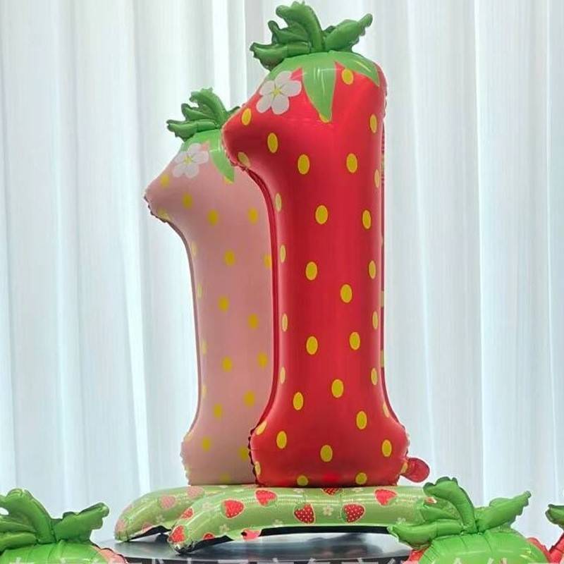 ins42寸站立草莓数字1铝膜气球哑光奶油草莓宝宝生日派对装饰布置