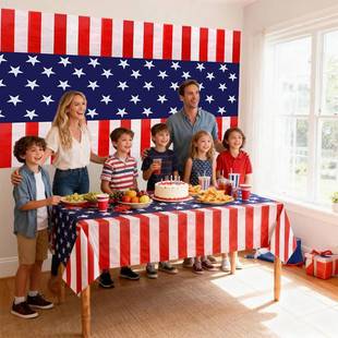 美国节日派对装 饰背景布USA红白蓝星条旗独立日老兵节布置PE桌布